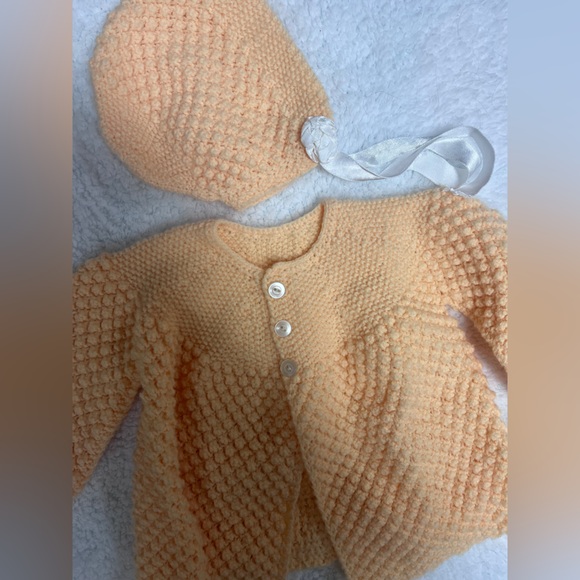Handknit Peach Baby Cardigan with Bonnet - Picture 2 of 3